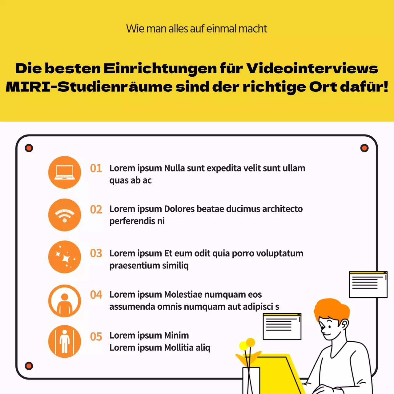 Werbung und Buchung von gelben und weißen Arbeitsräumen für persönliche Gespräche