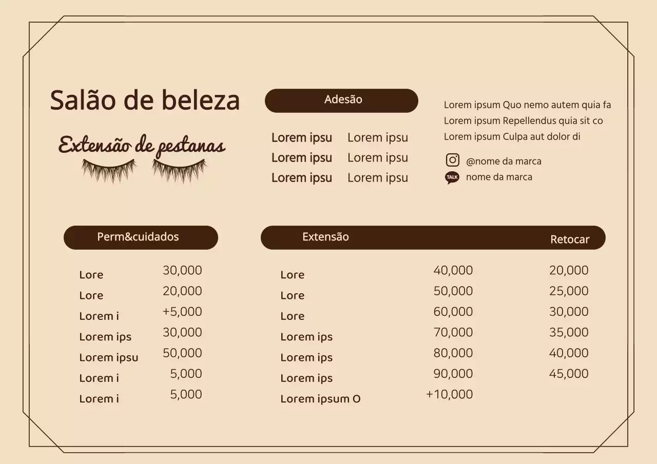 Menu de salão de beleza com ilustrações castanhas