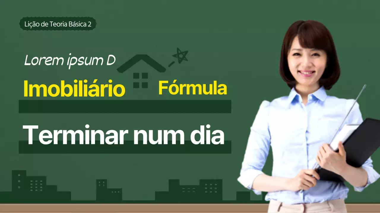 Aula de construção de imóveis num quadro de giz verde e amarelo