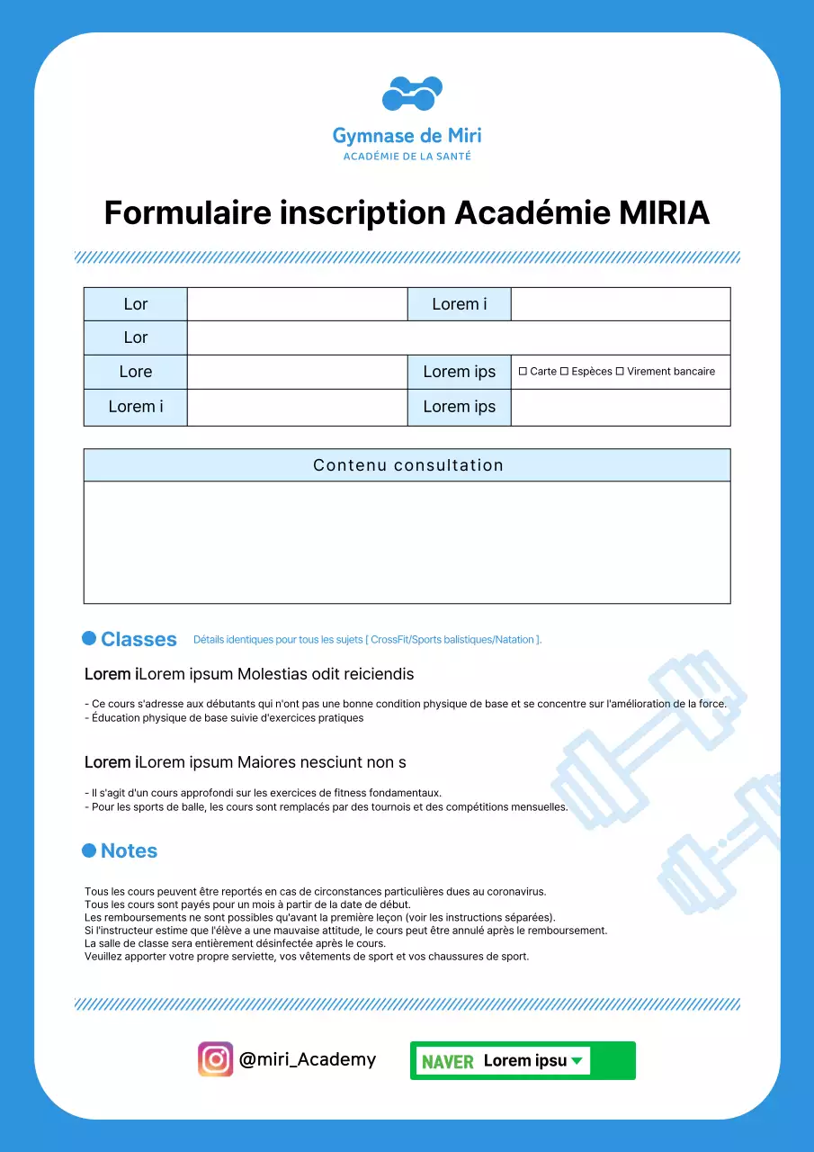 Formulaire de demande d'admission à une école d'éducation physique en bleu clair