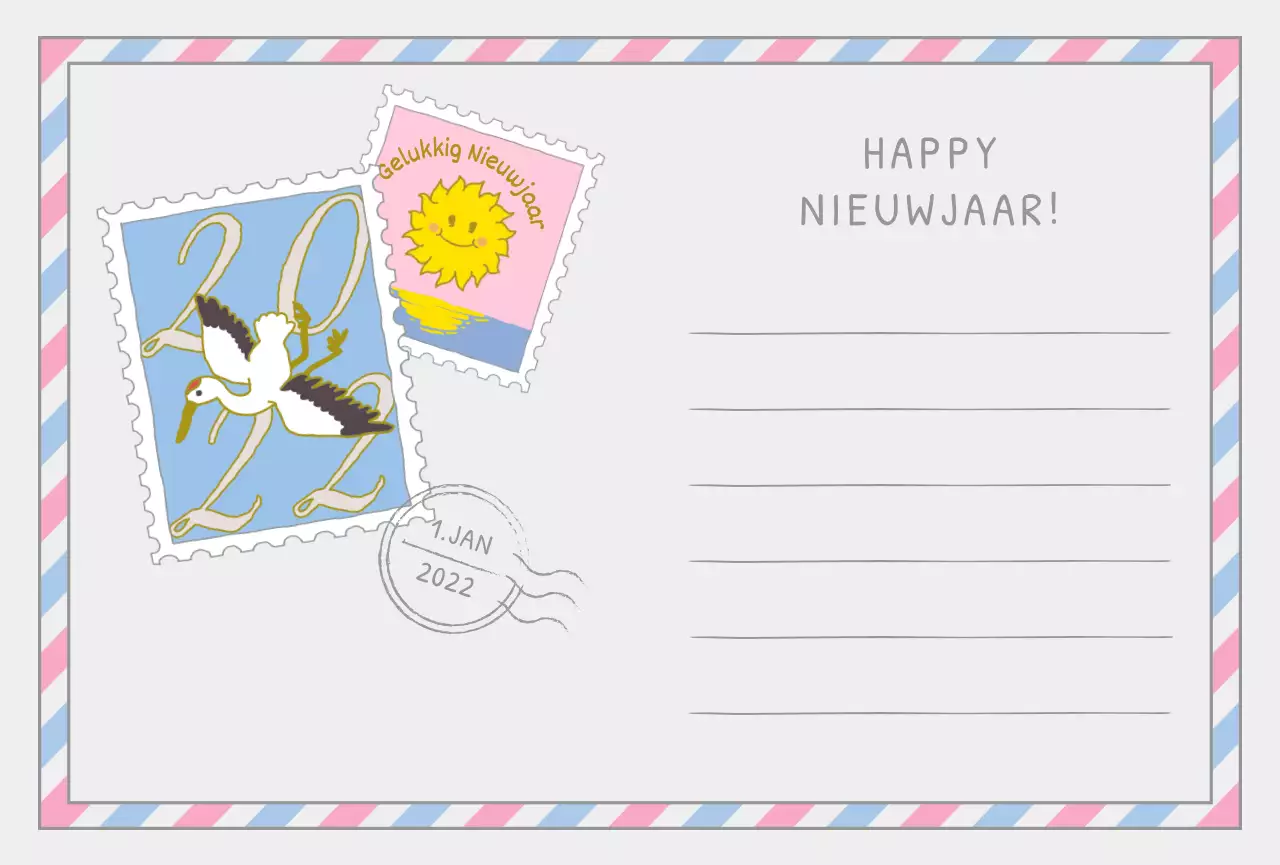 Nieuwjaarspostzegel met een schattige kraanvogelillustratie in lichtblauw en geel