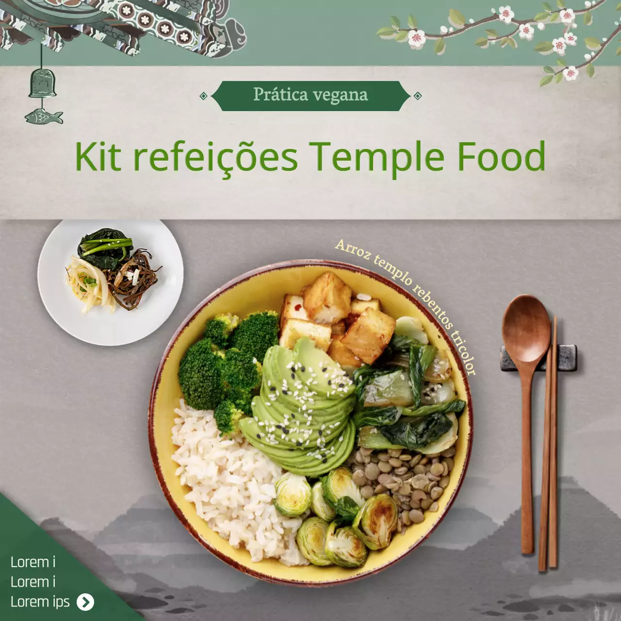 Pintura a tinta tradicional verde e bege kit de refeições para templo redes sociais