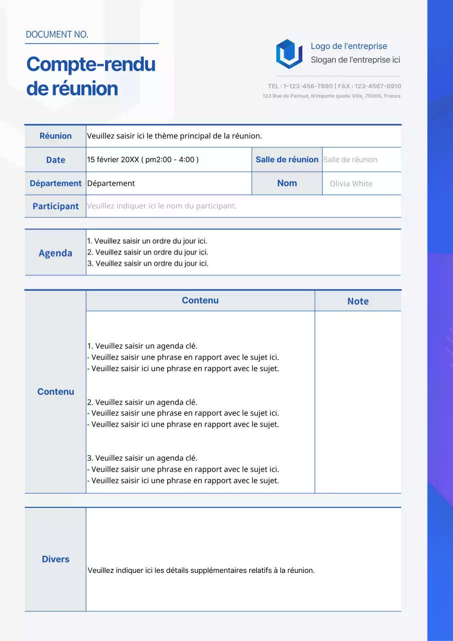 Procès-verbal d'une réunion d'affaires simple avec un concept graphique bleu et gris