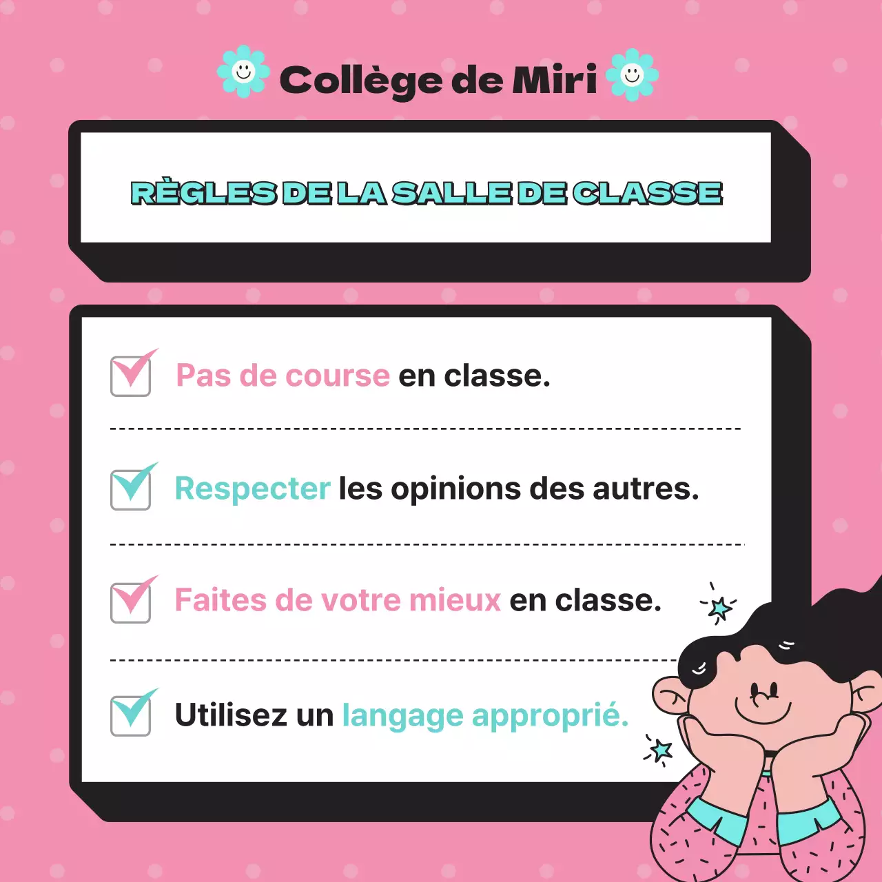 Mignon avis d'école élémentaire en bleu sur fond de points roses