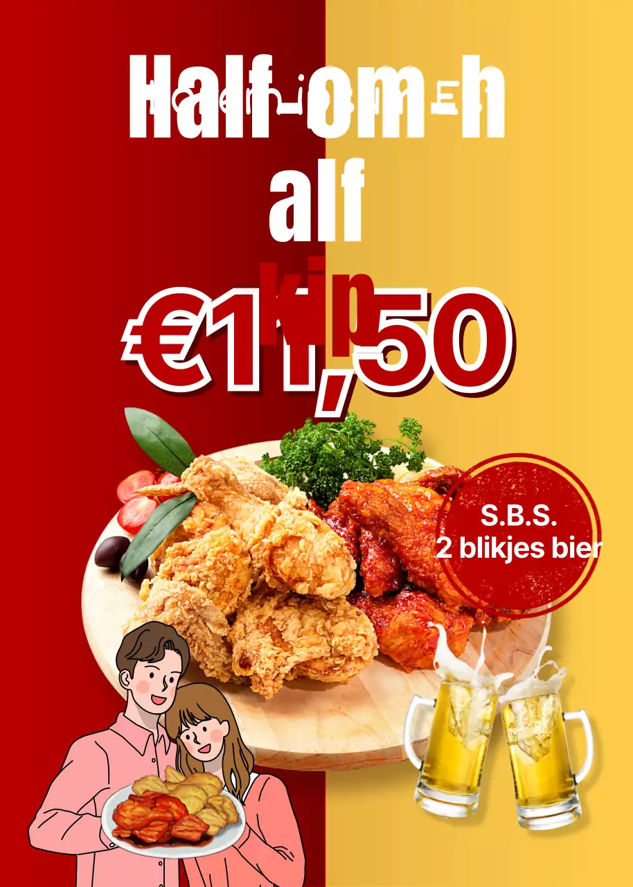 Een rode en gele promotie voor een kipdagdeal voor koppels