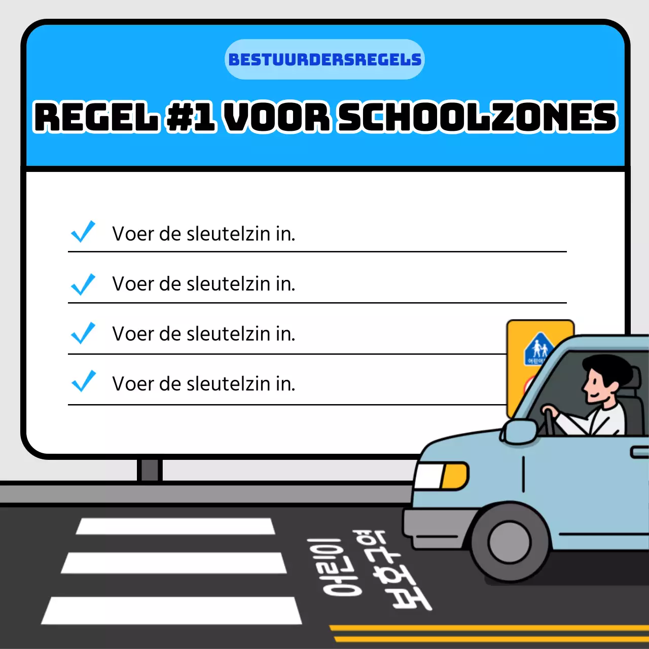 Tips voor verkeersveiligheid in schoolzone met geel en blauw bordconcept
