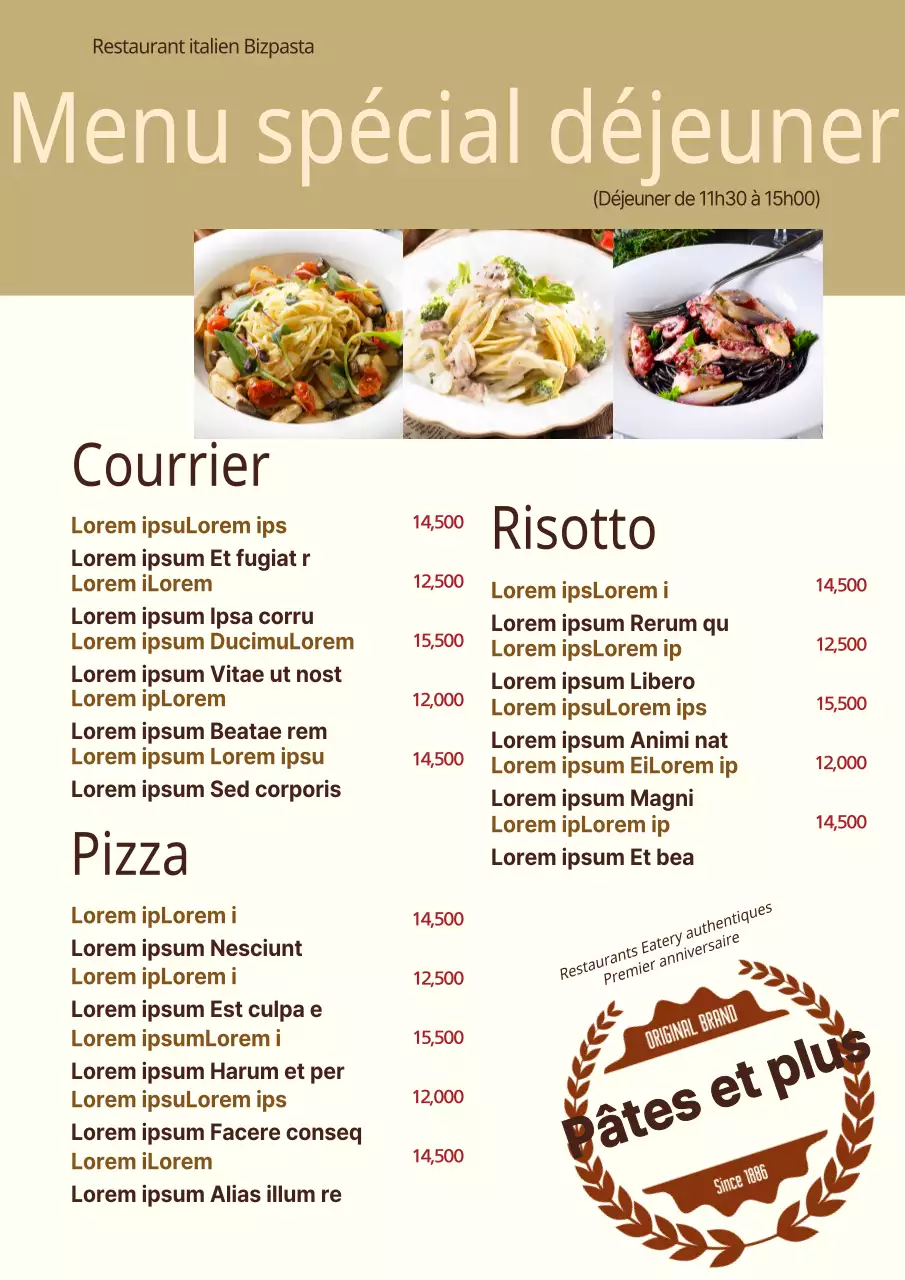 Menu du salon de massage en or luxueux