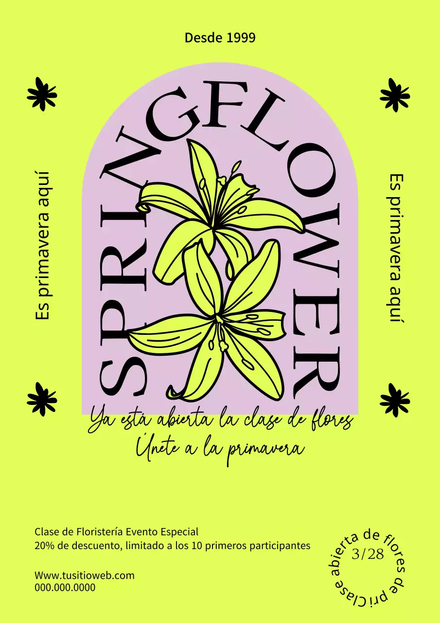 Evento abierto de la clase de flores de primavera en amarillo y rosa fluorescentes