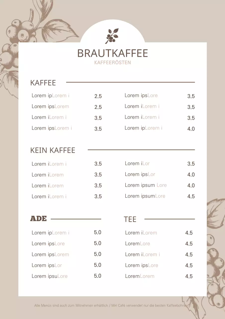 Botanische Illustration Cafe-Menü-Poster in braun