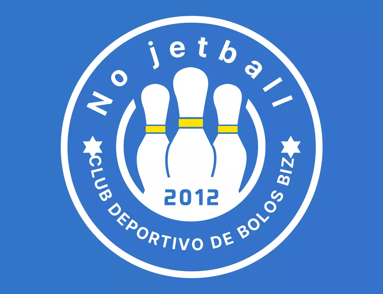 Una ilustración limpia de bolos y logotipo emblema en azul claro, blanco y amarillo para un club deportivo de bolos.
