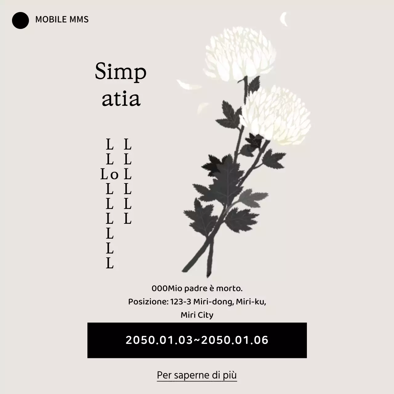 Modello mobile di banner di condoglianze in bianco e nero con fiori di crisantemo