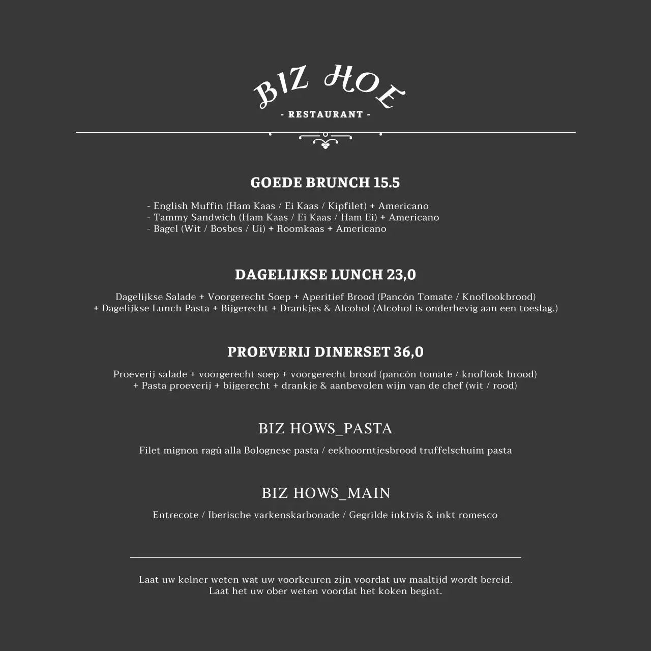 Een eenvoudig concept in zwart-witMenuplanning en prijzen