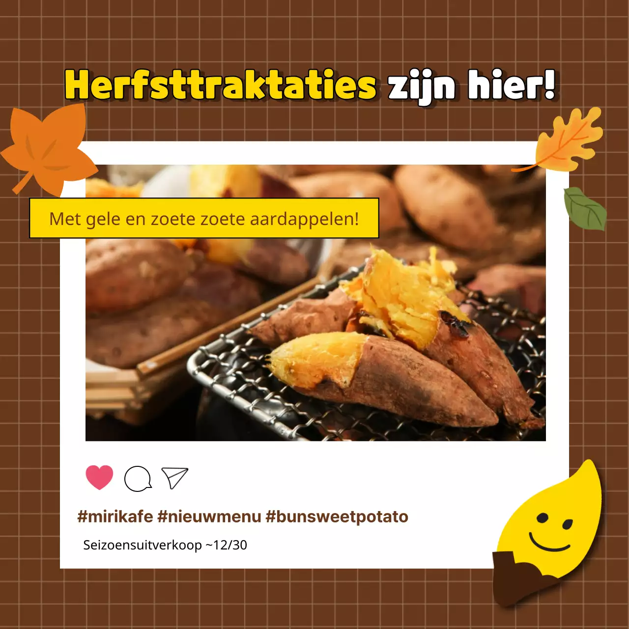 Promotie van het nieuwe bruine en gele cafémenu met zoete aardappelen