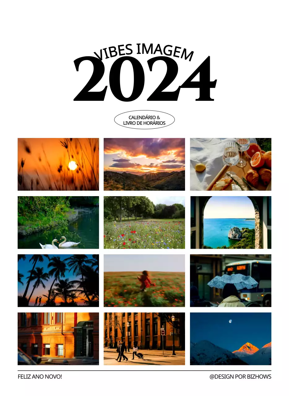 Calendário de parede de estilo simples com conceito de fotografia de viagem emocional a preto e branco