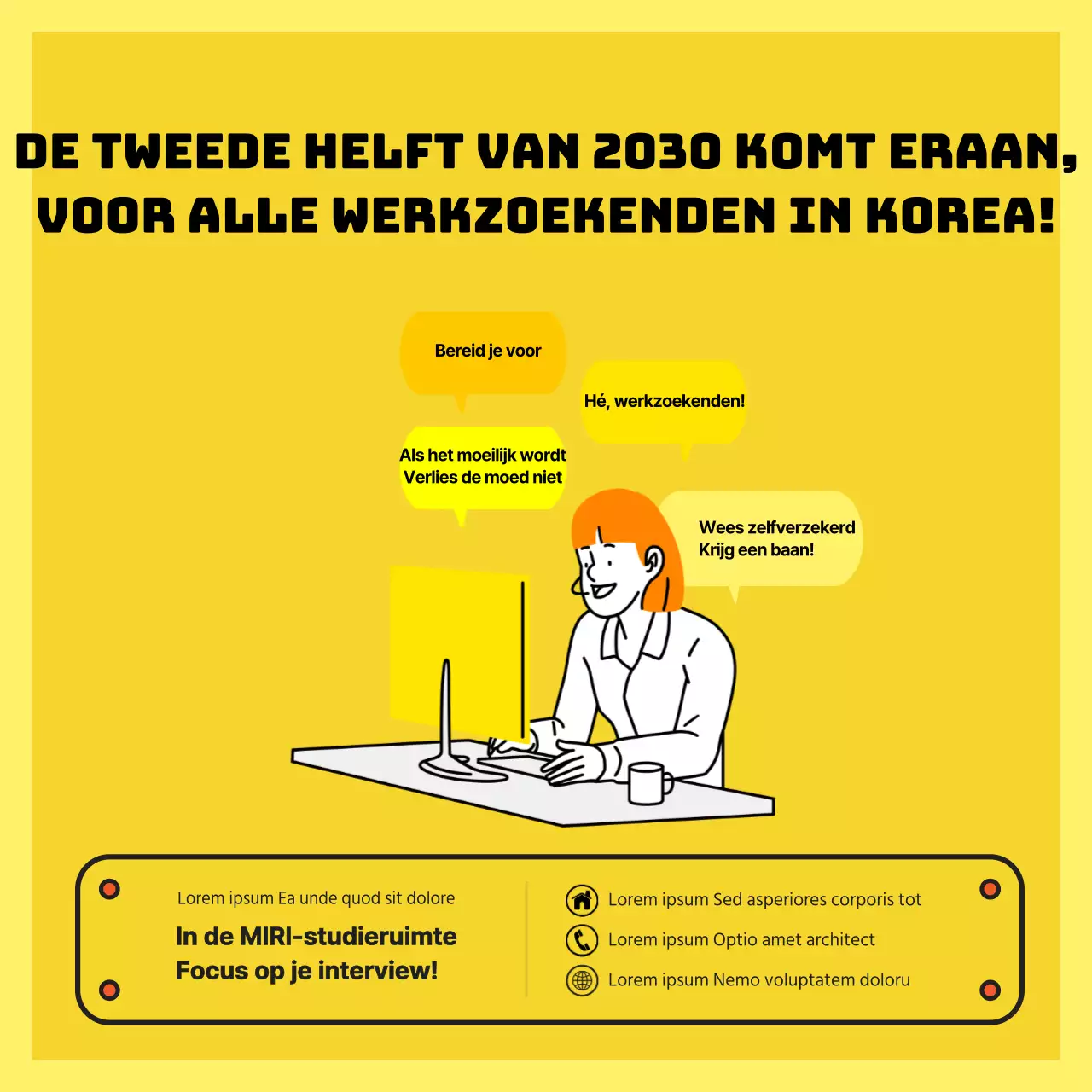 Adverteer en boek gele en witte studieruimtes voor persoonlijke interviews