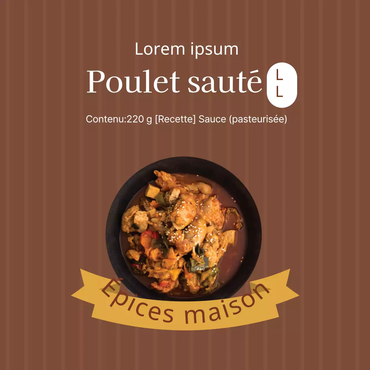 Etiquette vintage d'assaisonnement pour sauté de poulet avec accent photo marron