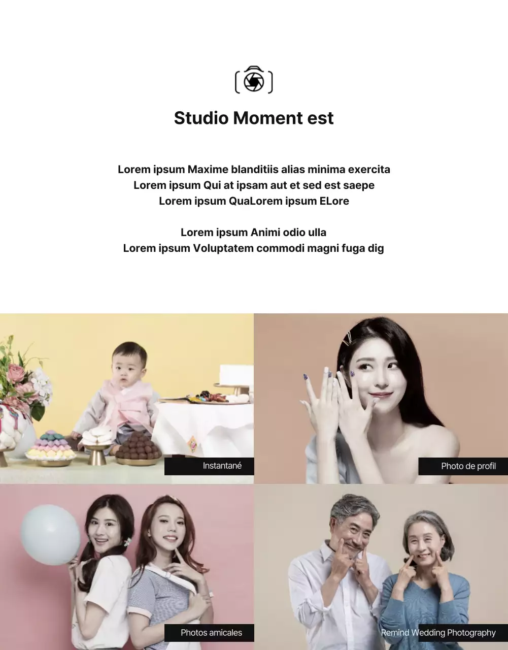 Page détaillée d'un studio photo avec des tons de couleurs en noir et blanc