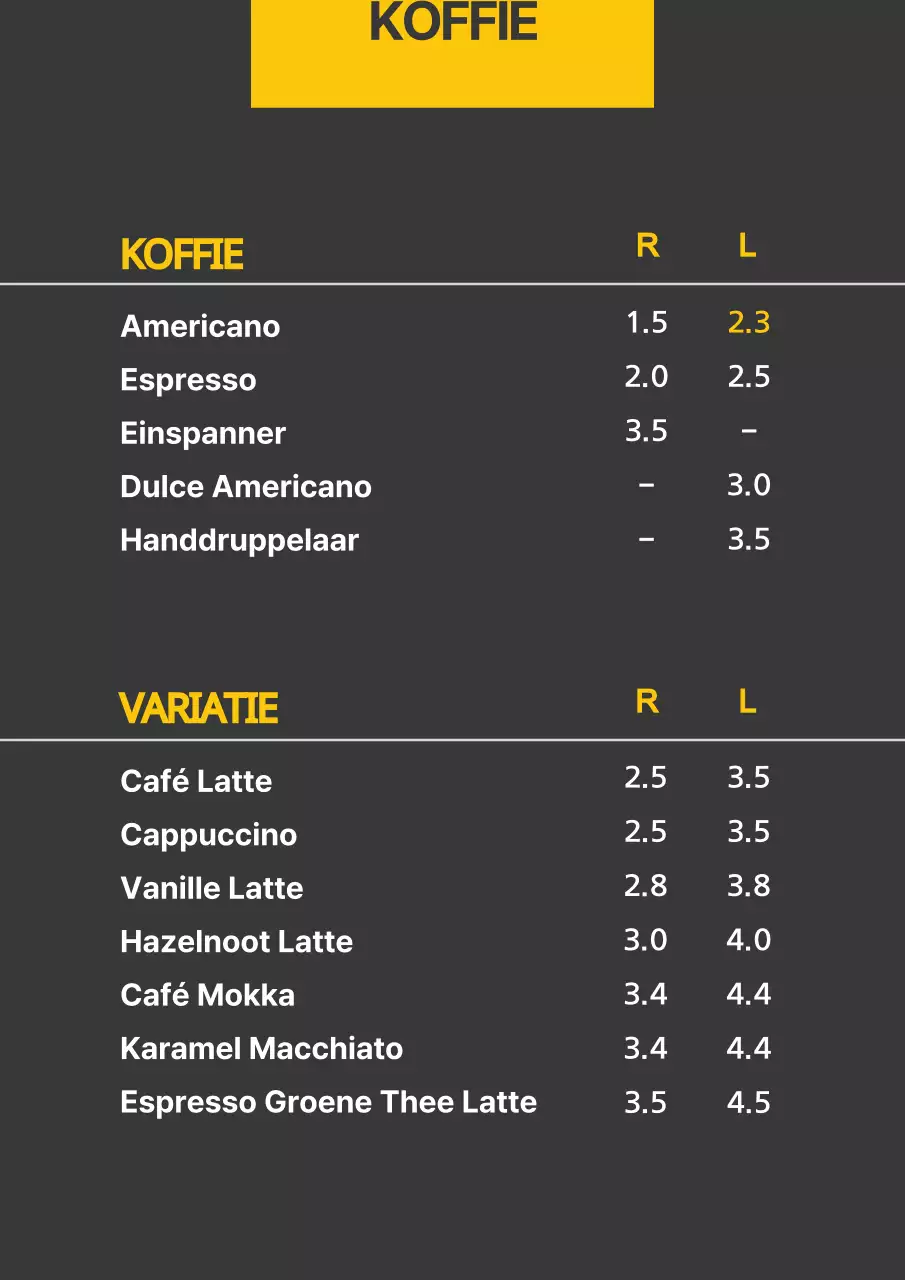 Gele zwarte eenvoudige drankmenu tafel