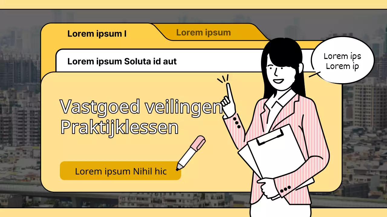 Vastgoedveilinglezing met gele mapachtige titel die het concept benadrukt