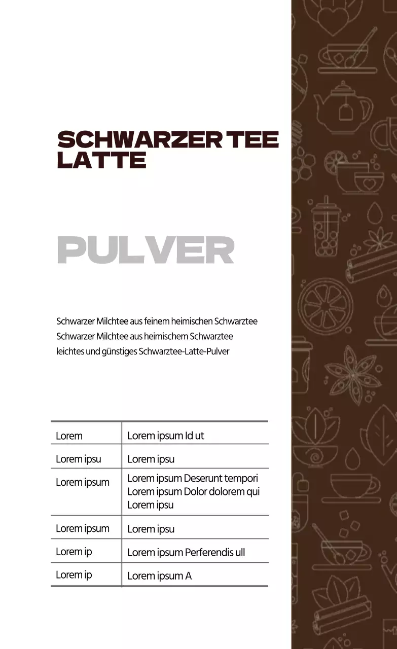 Etikett für schwarzes Teepulver mit brauner Illustration