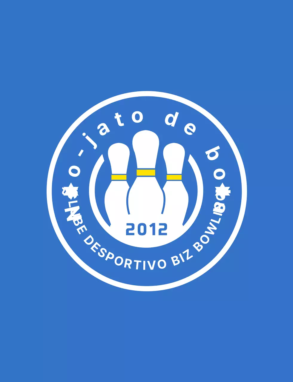 Uma ilustração e um logótipo de emblema de bowling simples em azul claro, branco e amarelo para um clube desportivo de bowling.