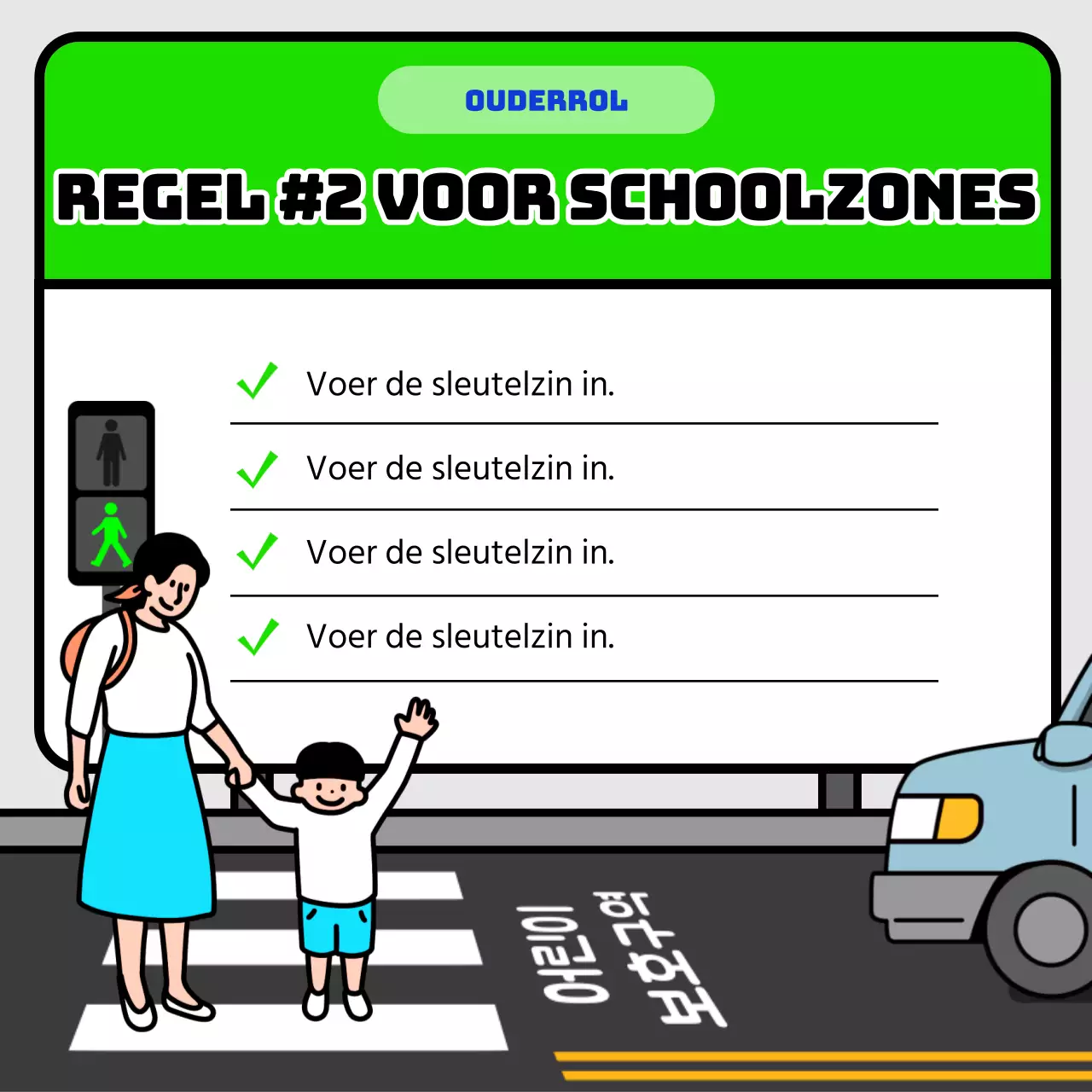 Tips voor verkeersveiligheid in schoolzone met geel en blauw bordconcept
