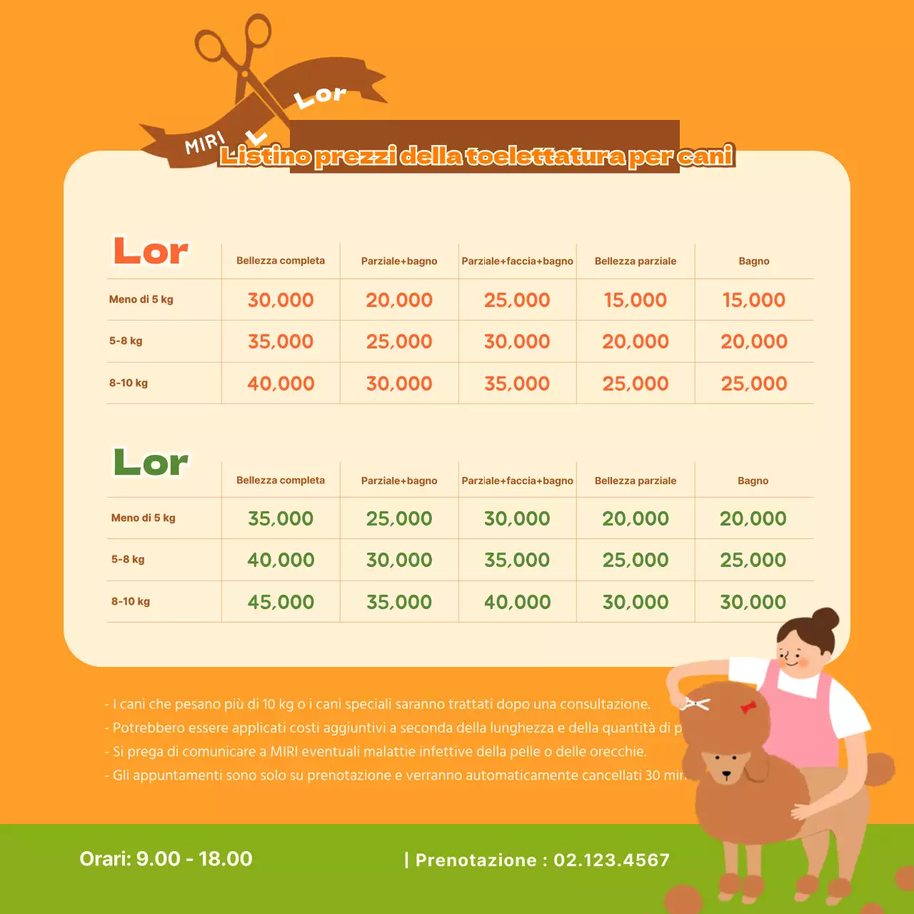 Promozione per la toelettatura di cani gialli e verdi