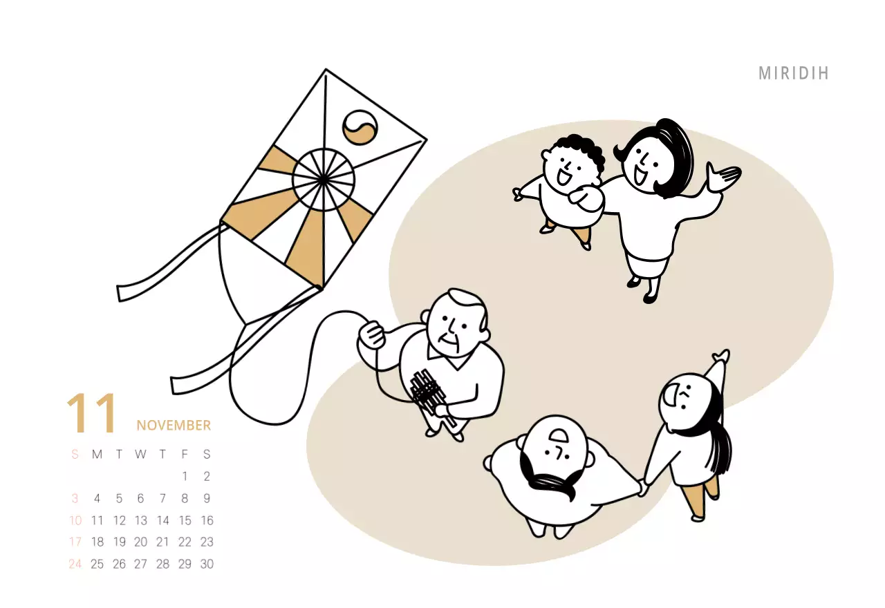 Niedlich illustrierter grüner Tischkalender mit Familienthemen