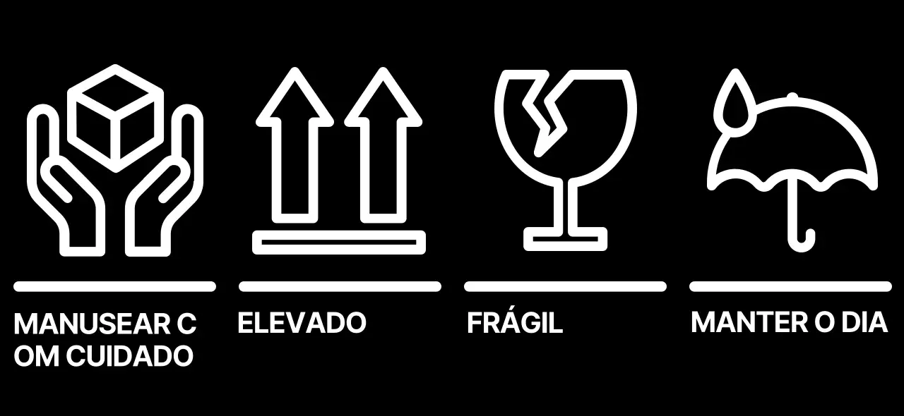 Desenho simples com pictogramas a preto e branco de aviso de expedição