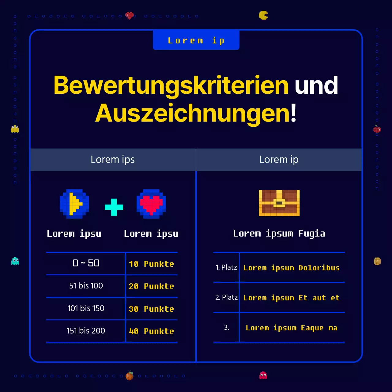 Ein neuartiges, lustiges Retro-Pac-Man-Pixelspiel in Marineblau und Gelb Aufruf zu neuen Geschäftsideen für ein Unternehmen.