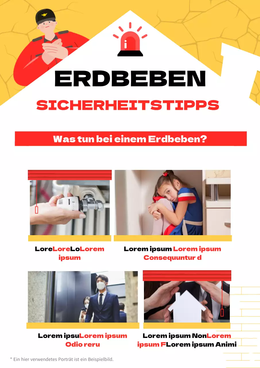 Handbuch für die Evakuierung nach einem Erdbeben mit gelben und roten Abbildungen von Feuerwehrleuten