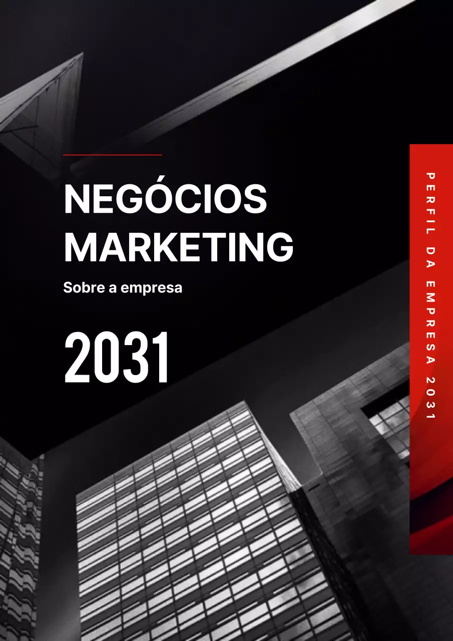 Modelo de documento vertical de perfil de empresa inspirado num edifício urbano vermelho e preto
