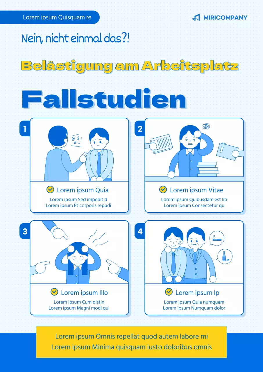 Blau und gelb illustriertes Webposter zum Thema Mobbing am Arbeitsplatz