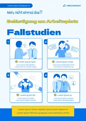 Blau und gelb illustriertes Webposter zum Thema Mobbing am Arbeitsplatz