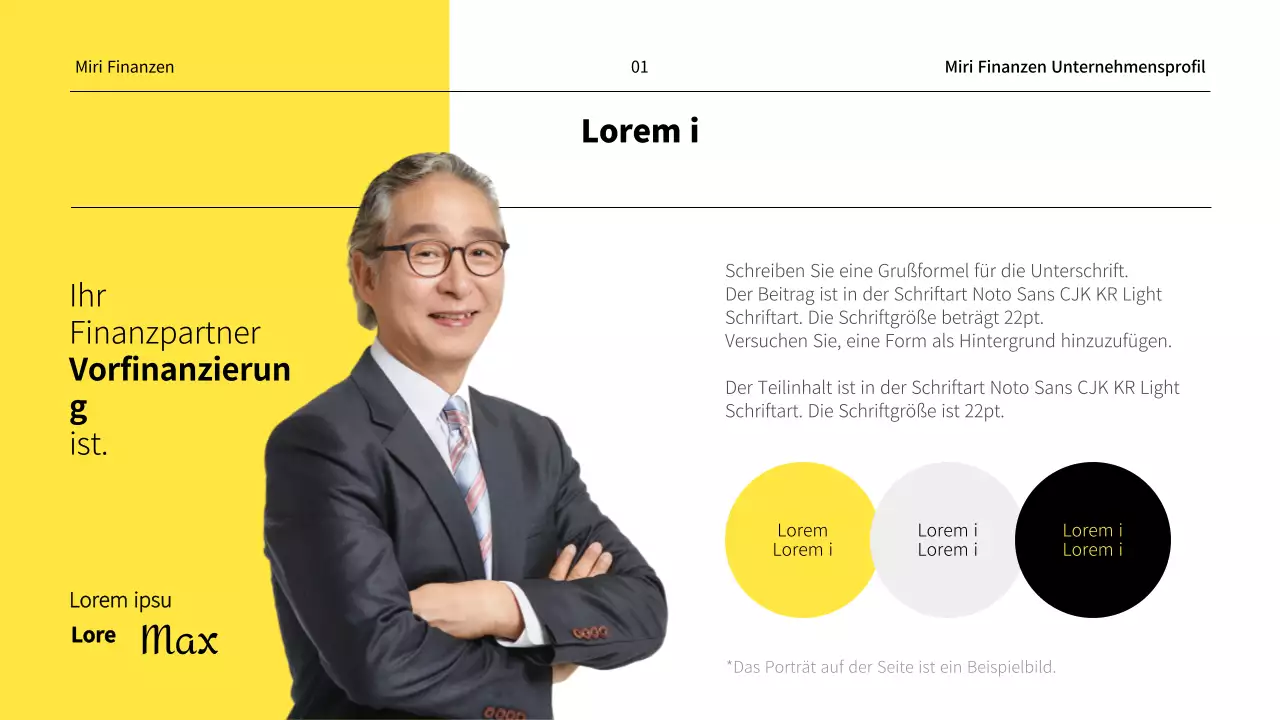Ein minimalistisches Finanzunternehmensprofil in Gelb und Weiß