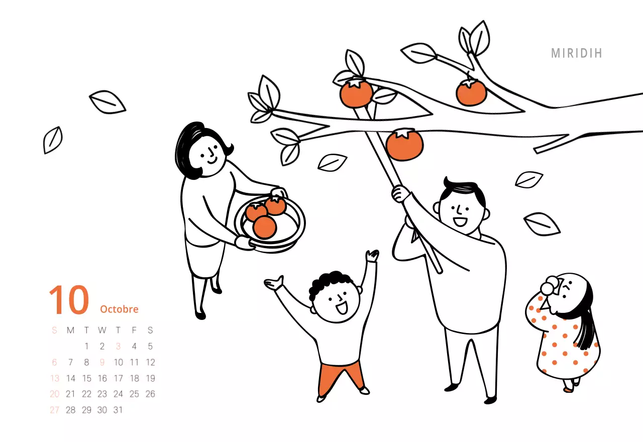 Calendrier de bureau illustré vert sur le thème de la famille