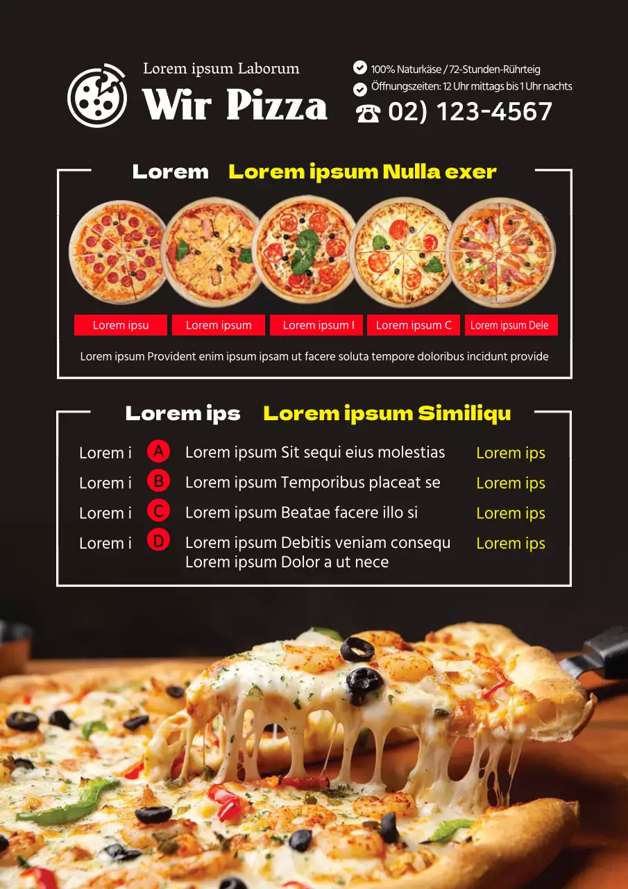 Gepflegtes Restaurant-Pizza-Menü in rotem Foto hervorgehoben