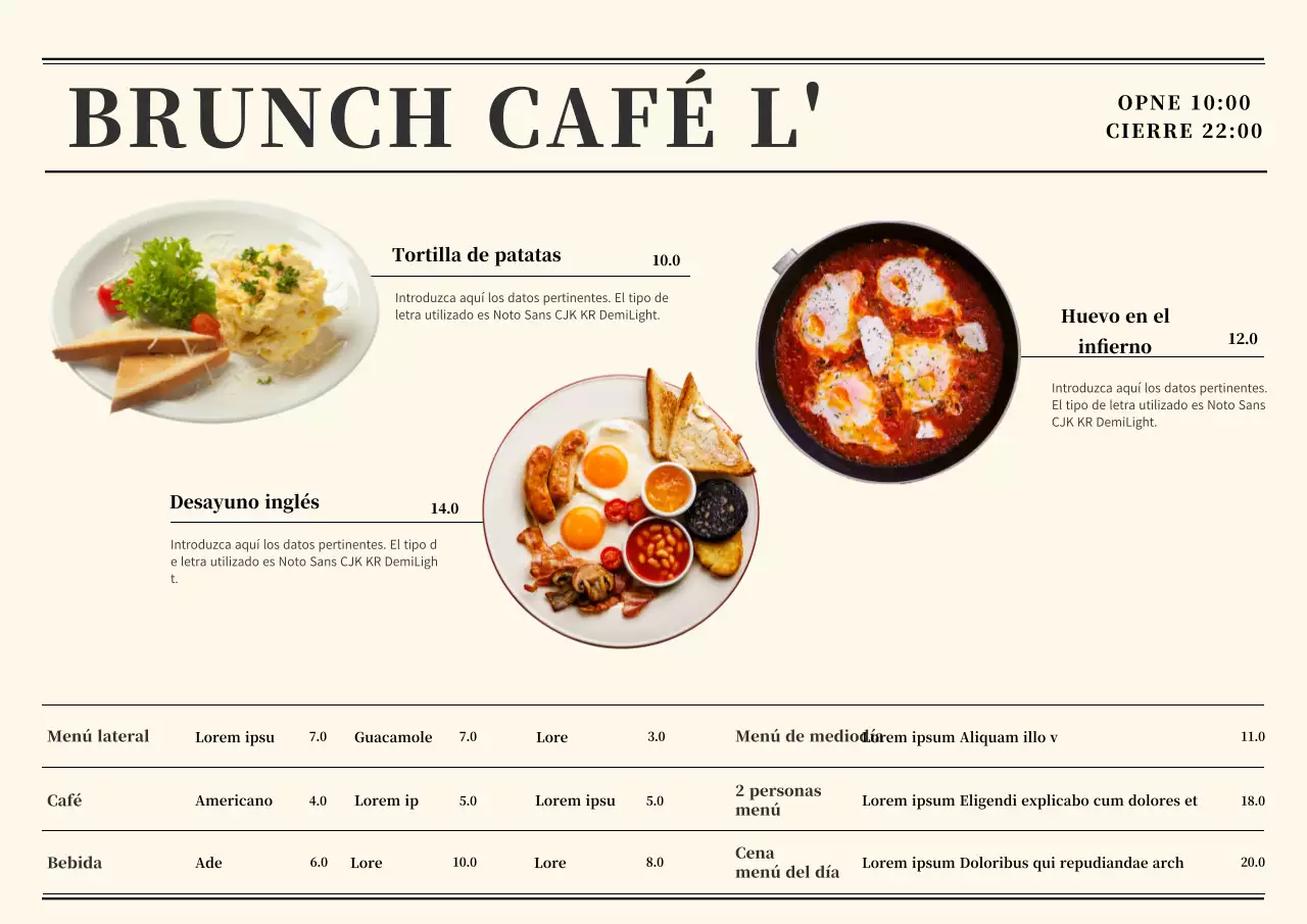 Cartel de menú de cafetería brunch simple beige