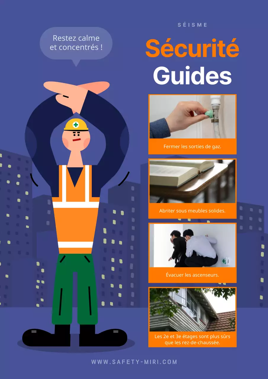 Conseils sur les mesures à prendre en cas de tremblement de terre (bleu marine et orange)