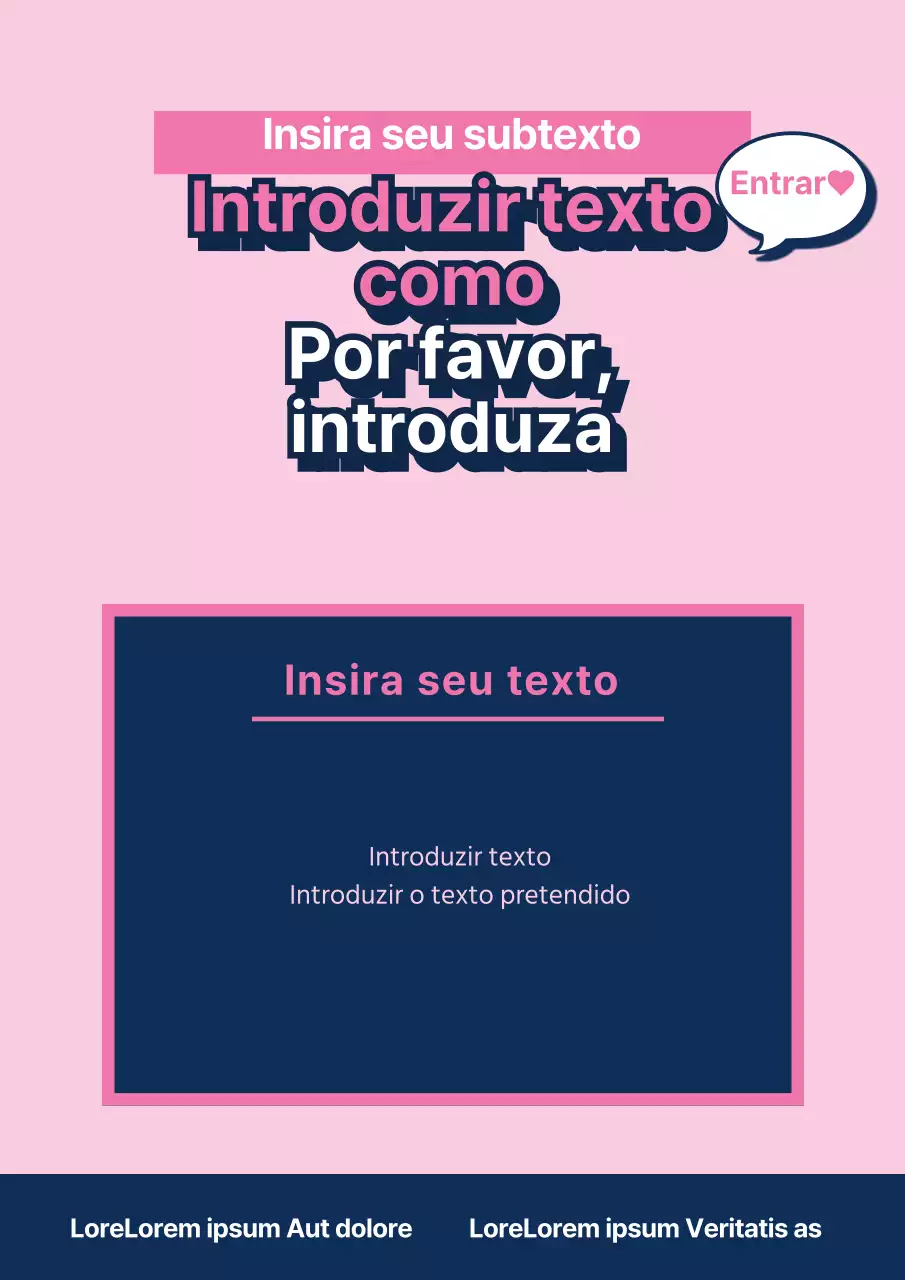 Material promocional com texto simples em cor-de-rosa e azul-marinho