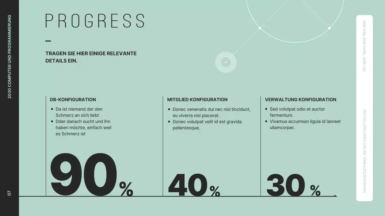 Präsentieren Sie eine saubere Projektübersicht mit schwarzen und mintfarbenen Grafiken