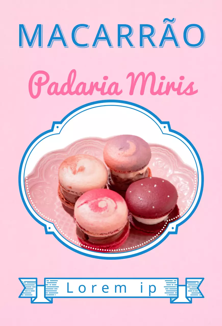 Café Macaron com um título cor-de-rosa e azul