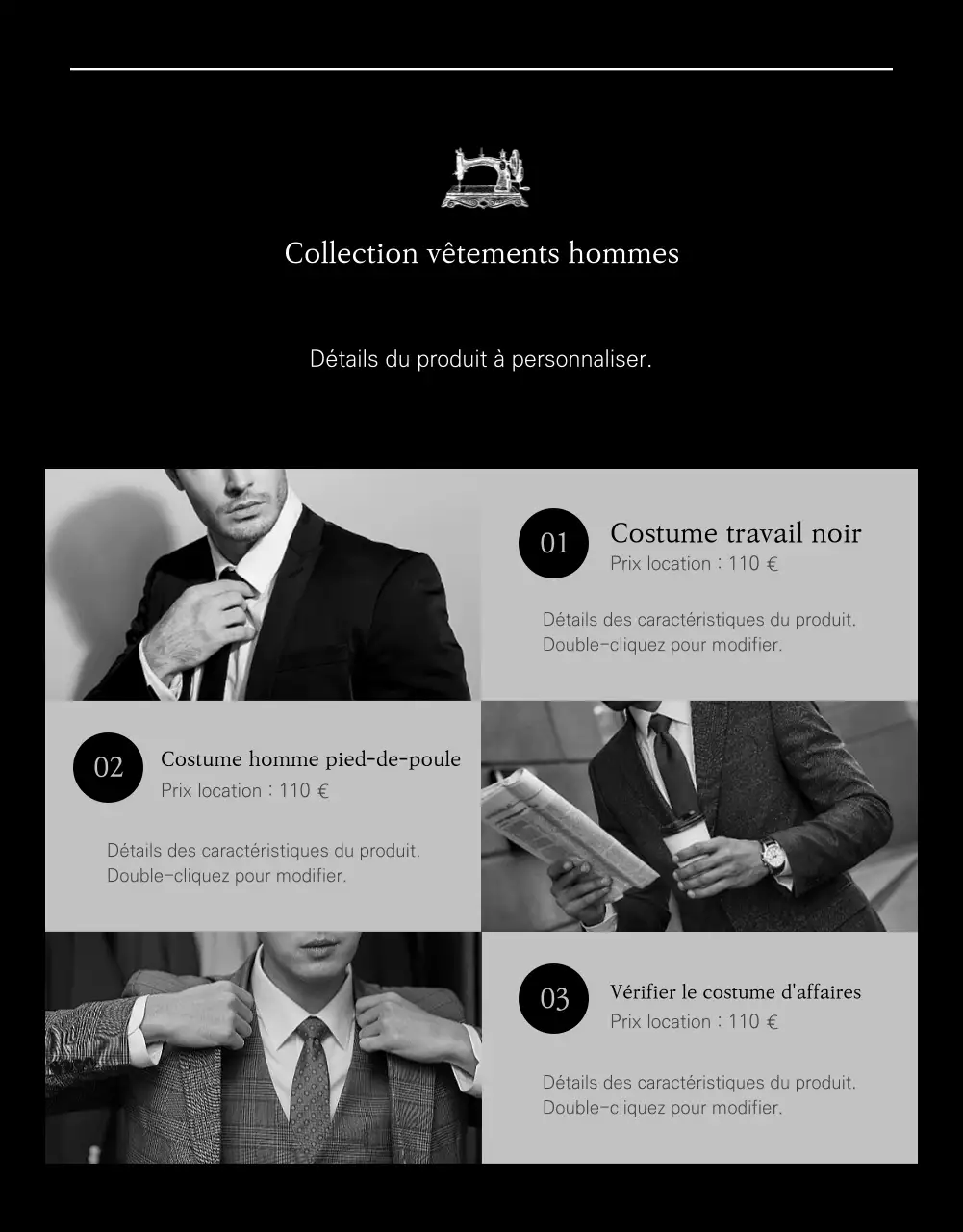 Page détaillée du magasin Greytone's spécialisé dans les costumes pour hommes et la location de costumes