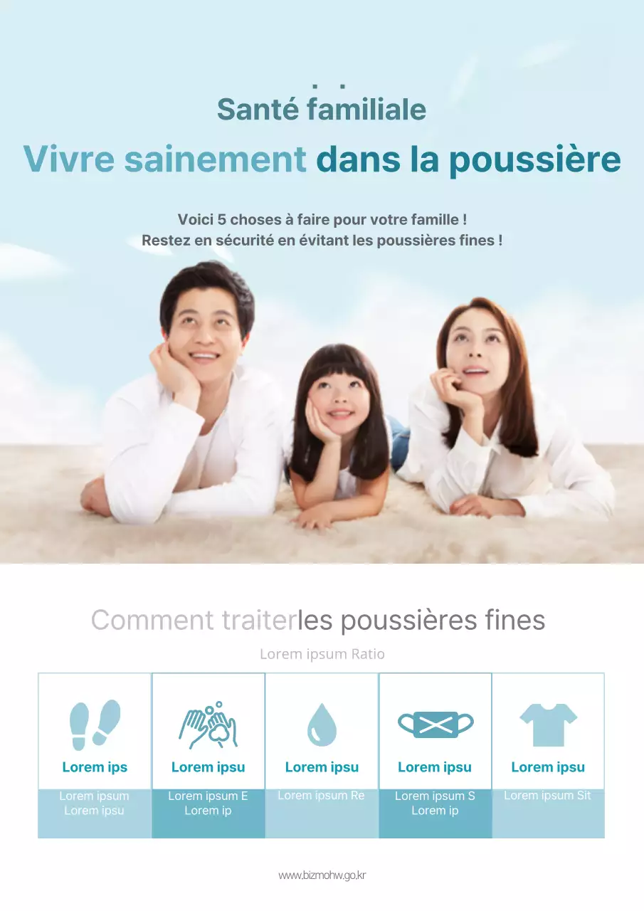 Un dépliant simple, bleu clair, pour une campagne de prévention des poussières fines.