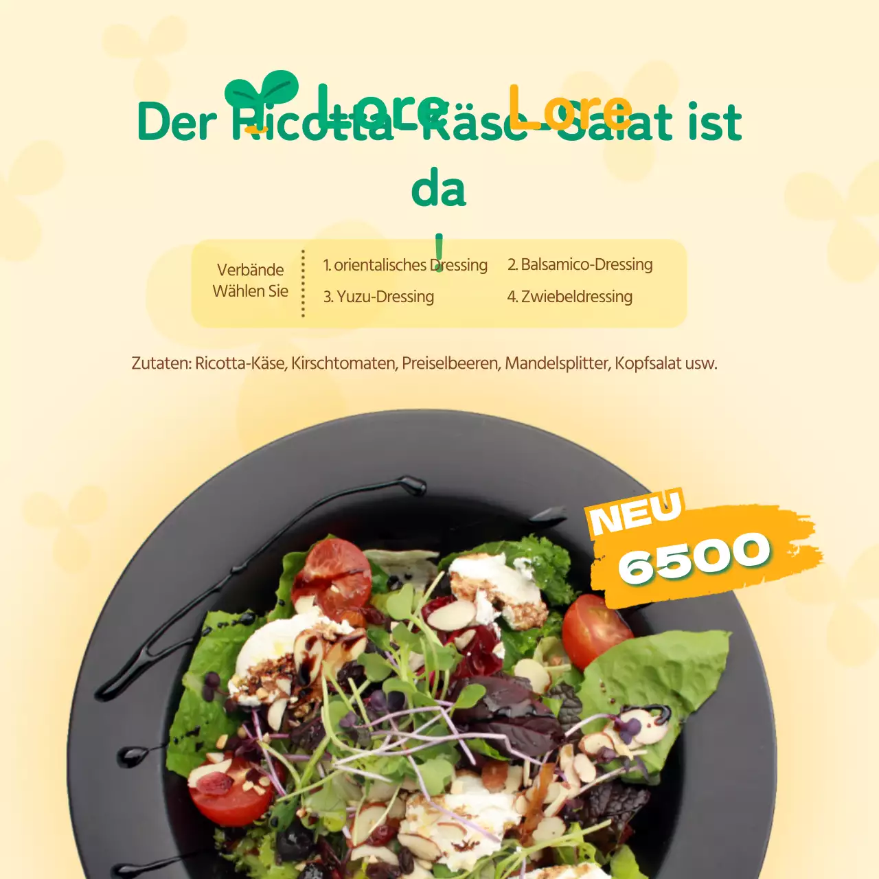 Neuer frühlingshafter Ricottasalat mit blasser gelb-grüner Farbe
