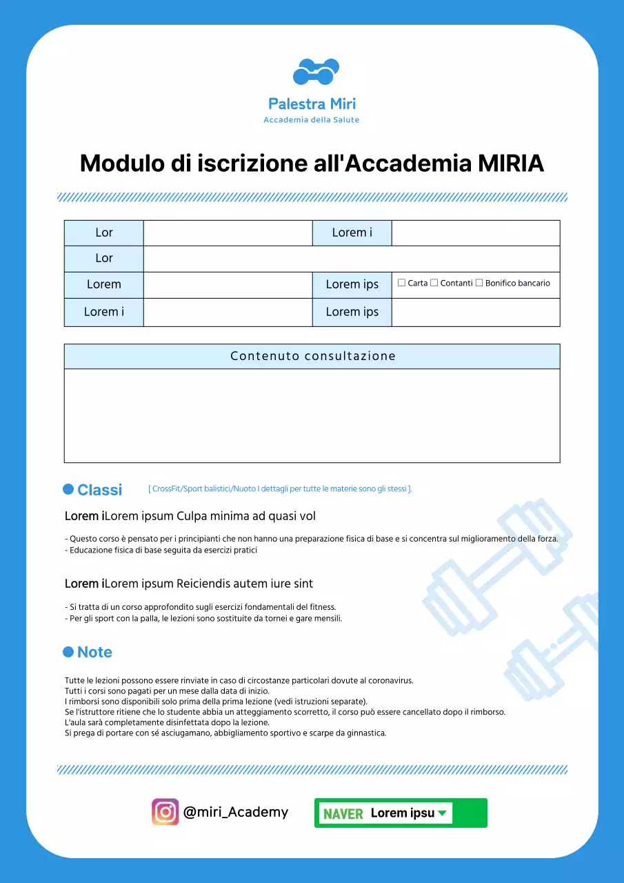 Modulo di domanda di ammissione a una scuola di educazione fisica in azzurro