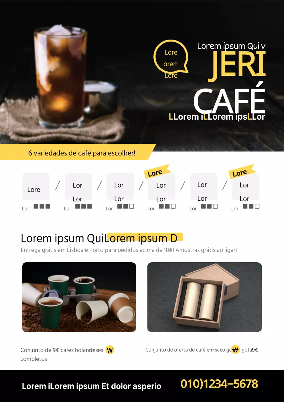 Folheto de café coado com descrições de tipos de café amarelos e fotografias de café