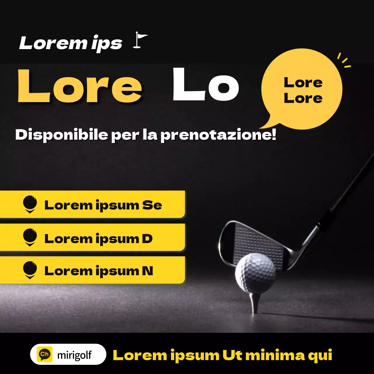 Una guida alla prenotazione del golf su schermo giallo e nero Social Media