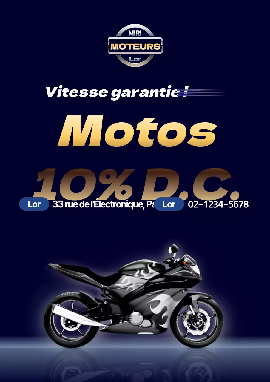 Promouvoir les remises sur les motos propres avec un look métallique bleu marine et or