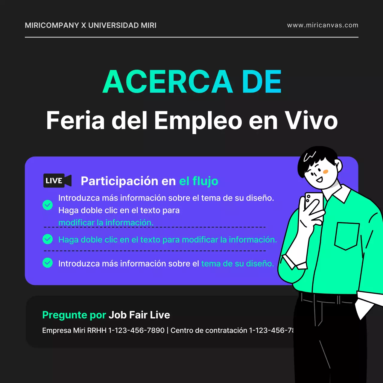 Una feria de empleo en línea para un desarrollador informático con un toque urbano, con formas geométricas en negro y colores neón.